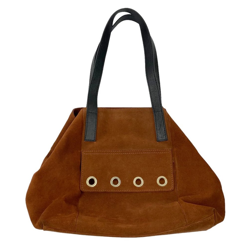 Minelli Paris Tote Made in Spain Brown Black Handles Grommets Cowhide Leather